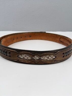 Vintage Chacon Brown Western Snakeskin Braided Tooled Leather Belt Length 40"